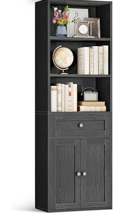 Book Shelf & Bookcase with Doors and Drawer, 6-Tier Tall Bookshelf, Floor Standing Display Storage
