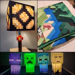 Minecraft Bedroom Bundle | Lamp + Queen Bedding + Mini Mob Lights