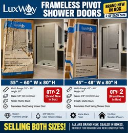 BRAND NEW LUXWAY HAFINA FRAMELESS SHOWER DOORS – $300–$350