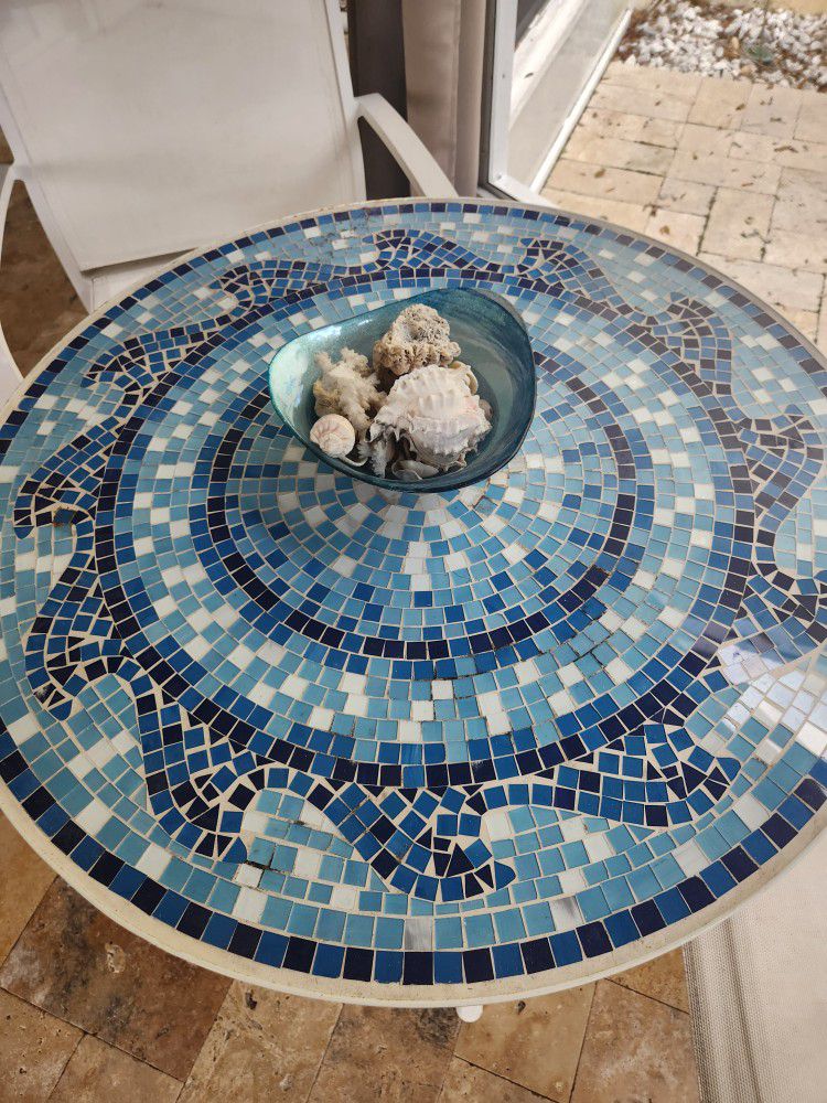 Turquoise Mosaic Bistro Table With Two Chairs