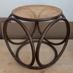 Vintage Thonet Style bentwood cane stool dark brown wood, rattan ottoman, small accent side table