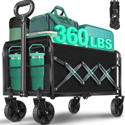 Collapsible Wagon Cart with Wheels Foldable: 360LBS Heavy Duty Folding Utility Wagon - Portable All Terrain Grocery Wagon Cart for Groceries Shopping 
