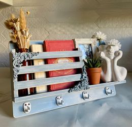 Upcycled Rustic Blue Wooden Wall-Mounted Mail & Key Holder