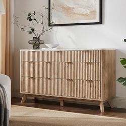7-Drawer Grooved Dresser, 54" Wide Modern Dresser with Faux Marble Top, Curved Profile Design, TV Stand, Wood Drawer Organizer