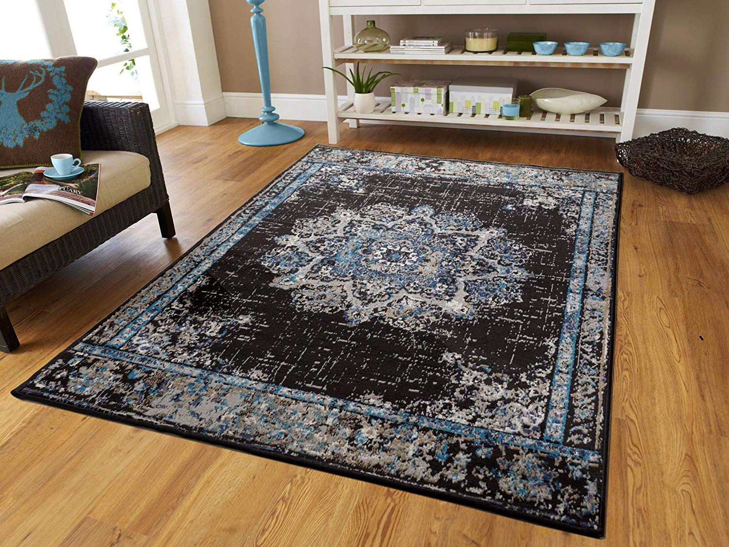 Black blue traditional area rug 5x8 8x11