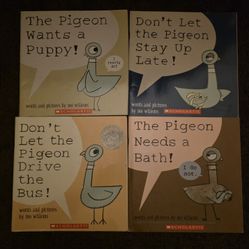Set of 4 books by Mo Willems: The Pigeon Wants a Puppy, Don't Let the Pigeon Stay Up Late, Don't Let the Pigeon Drive the Bus, The Pigeon Needs a Bath