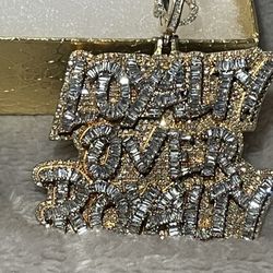 Custom made 10k gold 5ct diamond/ baguette Loyalty over royalty pendant 2inch 23g all real no trades…