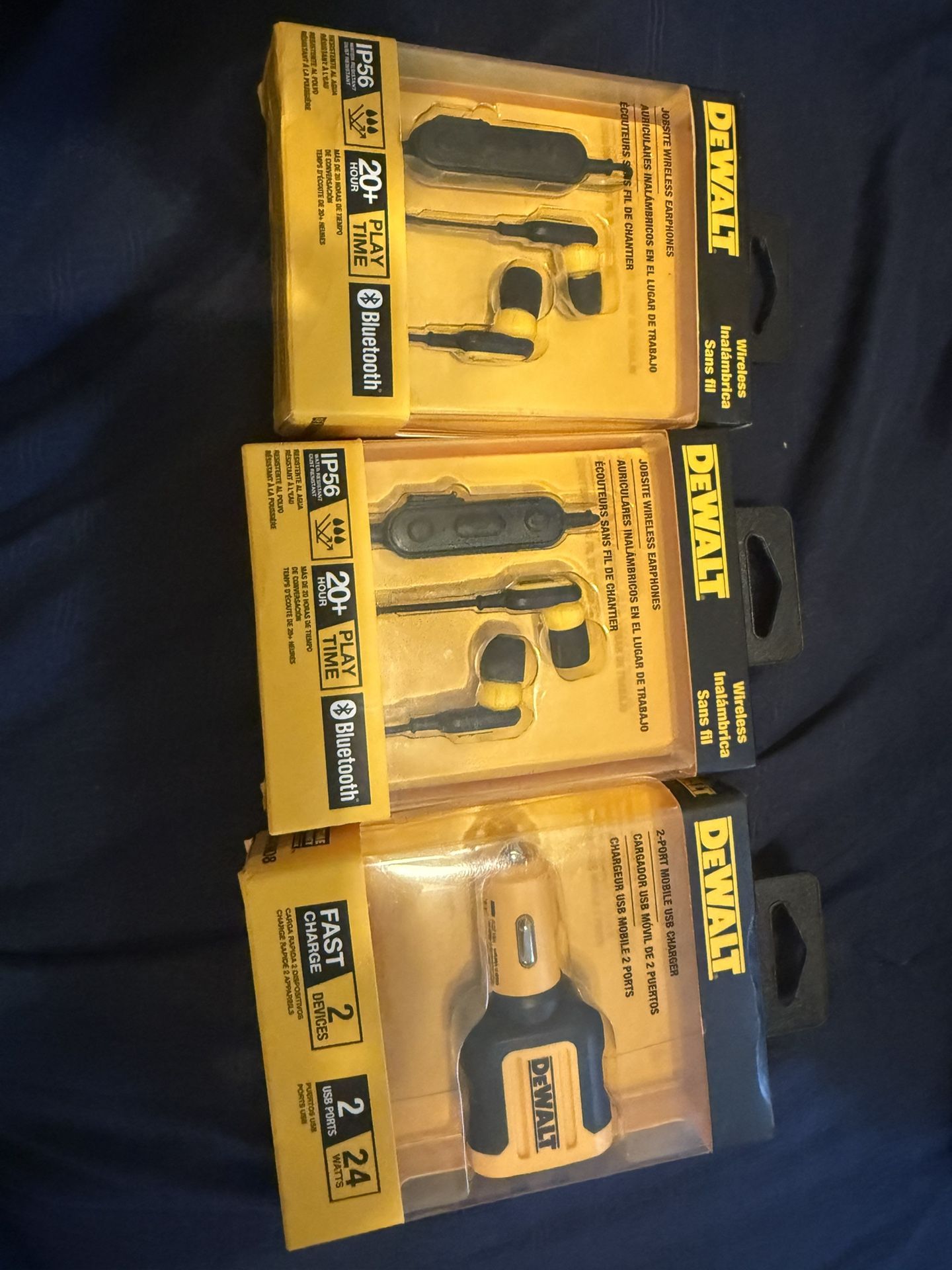 Lot of 2 dewalt headphones and car lighter phone charger all sealed new