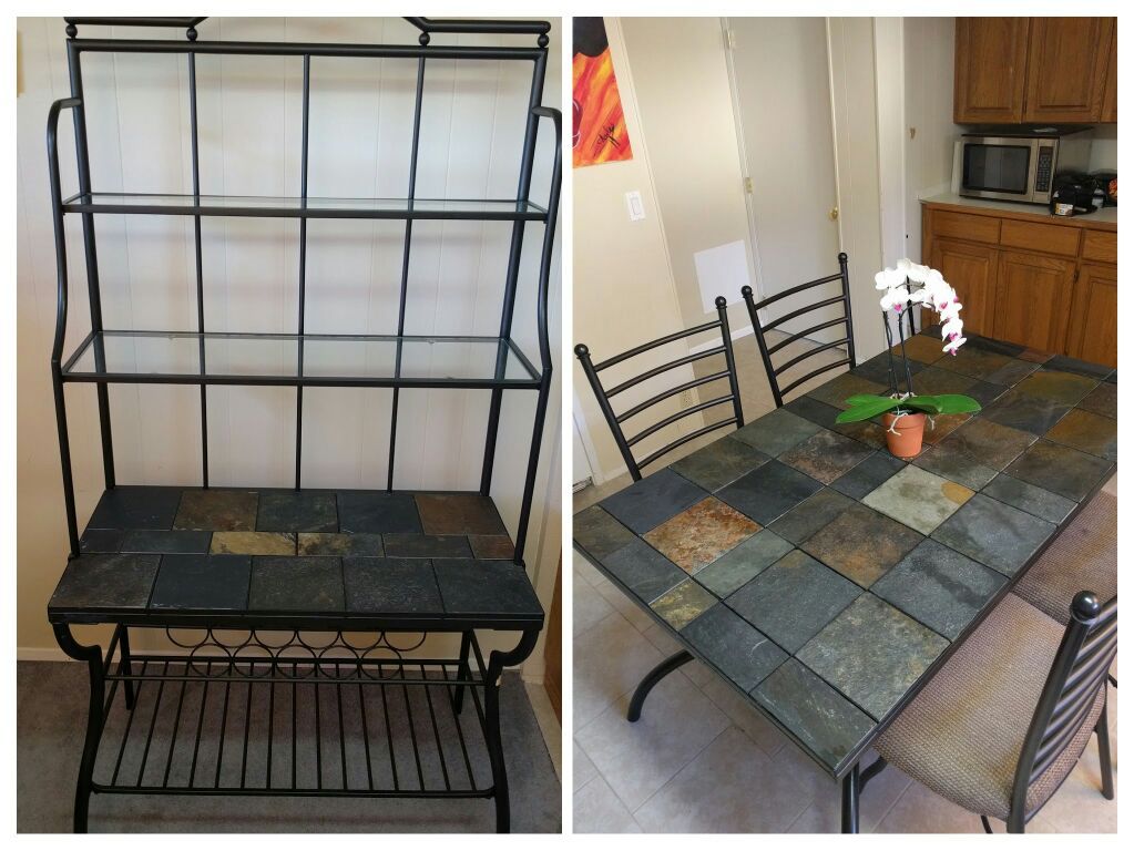 Slate Tile Dining room table 4 chairs and baker's wine rack for Sale in