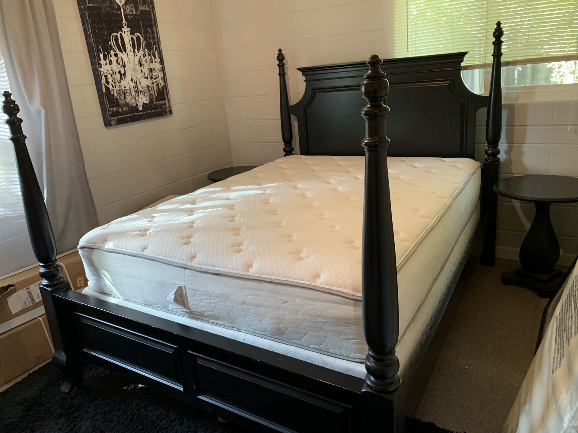 Four posted queen bed frame with two matching night stands