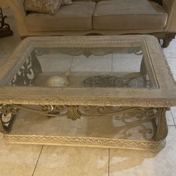 Tuscan Style Glass Coffee Table with Wrought Iron Base
