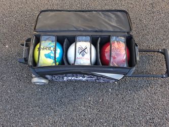 Bowling balls, bag and shoes.