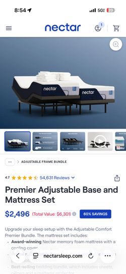 King size Nectar Premier Adjustable Bed Frame & Mattress Split