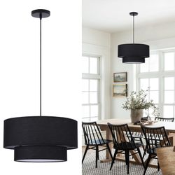 Buovikalo Black Drum Pendant Light Fixtures, 18” Double Drum Chandelier With Fabric Lampshade E26 Base, 3 Light Dining Room Light Fixture, 2-Tier Chan