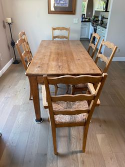 French Country Farmhouse Rustic Wood Dining Table & 6 Chairs with Rush Seats