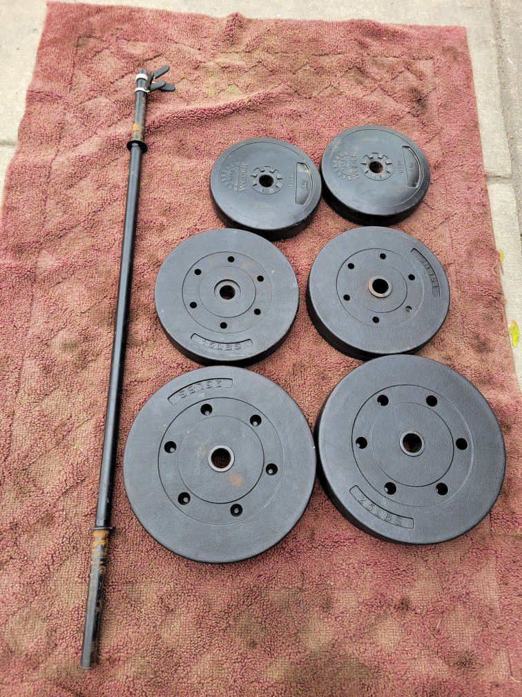 1"HOLE PLATES WEIGHTS 100LBs AND  4'  BAR.  2-25s.  2-10s.  2-5s 
7111.S WESTERN WALGREENS 
$70. CASH ONLY AS IS