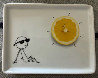 Rare vintage CB2 rectangular ceramic snack plate, “Oliver” sunbathing with sunglasses and lemon sun