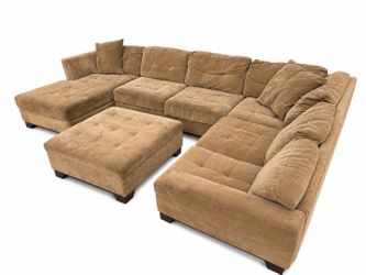 Tan Microfiber U-Shaped Sectional Sofa with Ottoman