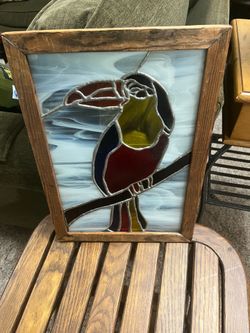 Vintage wood framed stain glass Toucan