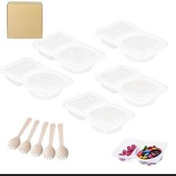 Plastic 2-Compartment Food Containers with Lids, Sporks and napkins