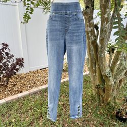 NY&C Feel Good High-Waist Pull-On Skinny Jeans Women’s Size L Blue Stretch Denim with Gold Button Ankles