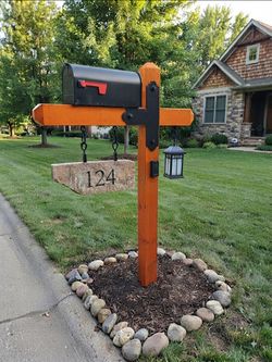 Handcrafted  Mailbox Post with Custom Engraved Stone & Solar Lighting