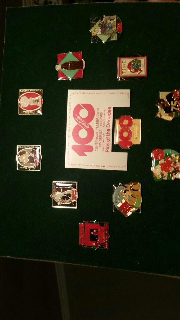 VINTAGE COCA COLA COKE PIN SET OF 10 CENTENNIAL PINS OF THE DECADES 1886 - 1986