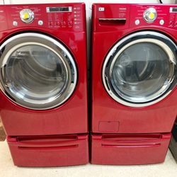 LG HE WASHER/DRYER W/ PEDESTALS (Red/Electric)