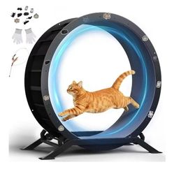 New assembled Cat Wheels, Large Cat Exercise Wheel for Indoor Cats, 40"Diameter cat treadmill Detachable Carpet & Teaser, stickers, Ultra-quiet scroll