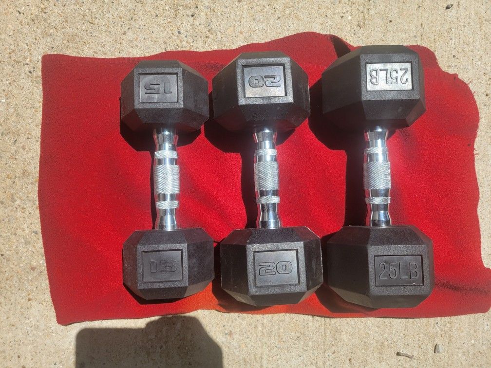 SINGLE 15LB. 20LB 25LB. RUBBER COATED HEXHEAD DUMBBELLS
TOTAL 60LBs
11525 S HALSTED dunkin donuts
60$ CASH ONLY AS IS