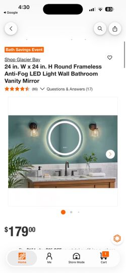 Shop Glacier Bay. 24 in. W x 24 in. H Round Frameless Anti-Fog LED Light Wall Bathroom Vanity Mirror