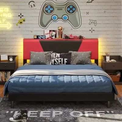 King Bed Frame with Headboard and LED Light, Faux Leather Upholstered Platform Bed with Storage Shelf, Gaming Style Bed Base, Wood Slat Support