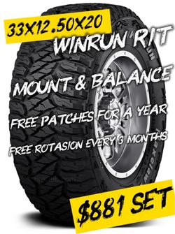 33X12.50R20 WINRUN M/T TIRE SET ​Special Pricing: Complete set of 4 Winrun Mud Terrain tires in size 33x12.50x20 for $881. ​Included Services: Include