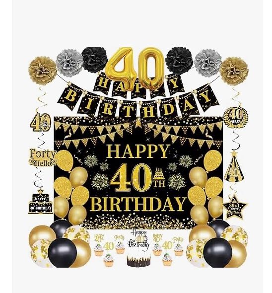 NEW 40th Birthday Decorations for Men Women Black Gold READ DESCRIPTION!!