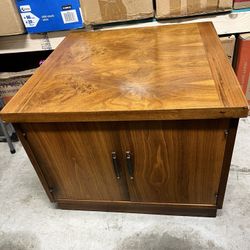 "Pair of Mid-Century Modern Walnut Side Tables - Square & Round Matching Cabinet Set"