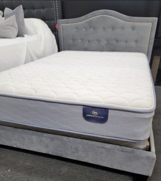 Brand New Queen Size Grey Velvet Platform Bed Frame (No Mattress) 