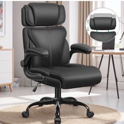Office Chair, Ergonomic Big and Tall Computer Desk Chair with Retractable Adjustable Headrest, Executive Breathable Leather Chair, Lumbar Support Swiv