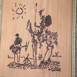 Framed Wood-Burned Depiction of Pablo Picasso's 1955 Don Quixote 16x12