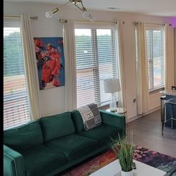 Green Velvet Sofa (Modern w/ Gold Legs) – 87”