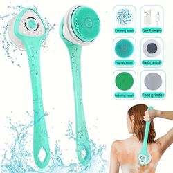6-in-1 Rechargeable Electric Shower Brush Set for Full Body Cleansing And Vibrating Back Scrubber- Removable Long Handle And Exfoliating Brush- Rotati