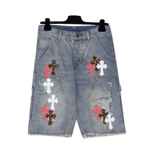 Chrome Hearts blue and white multi-color leather ink-splashed denim American work shorts