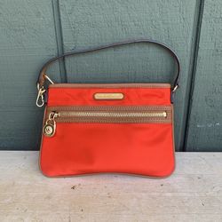 Michael Kors Kempton Red Nylon Brown Leather Trim Wristlet Bag Pouch