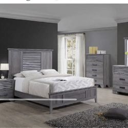 Brand New Grey Gray 5 Piece Rustic Modern Bedroom Set Includes King Or Queen Bed Dresser Mirror Chest Nightstand 