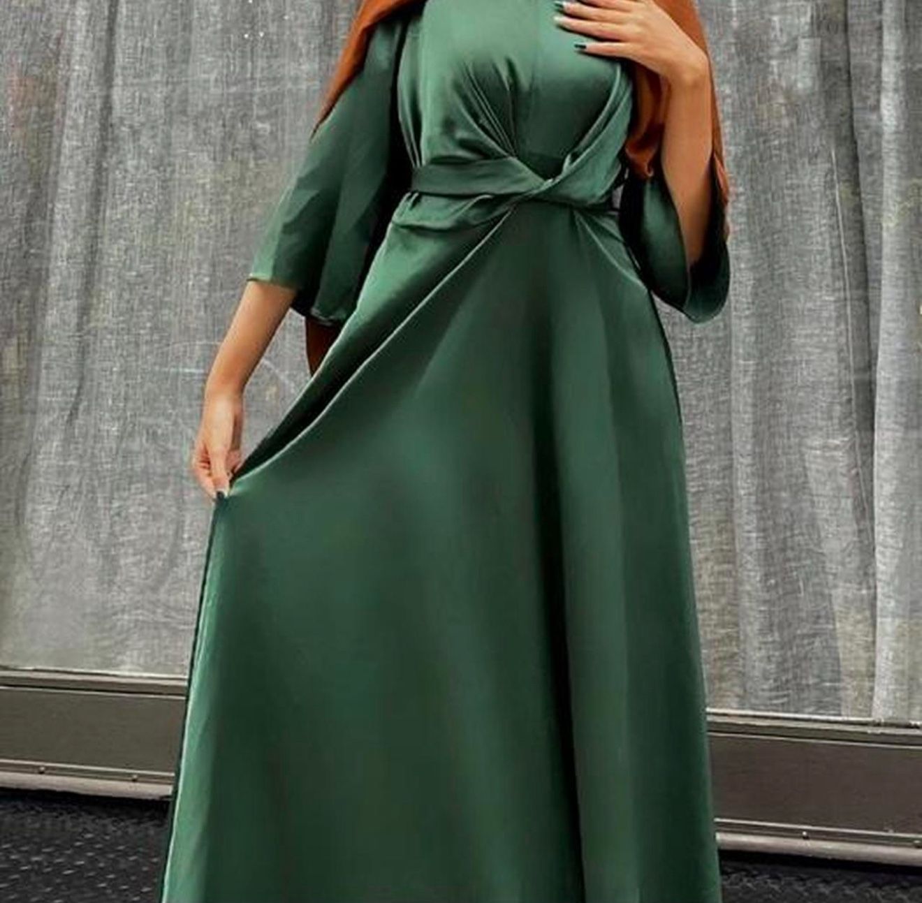 Green maxi satin dress with tie front detail