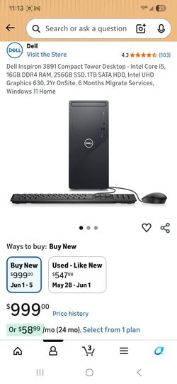 Dell Inspiron 3891 Compact Tower Desktop - Intel Core i5, 16GB DDR4 RAM, 256GB SSD, 1TB SATA HDD, Intel UHD Graphics 630, Windows 11 Home