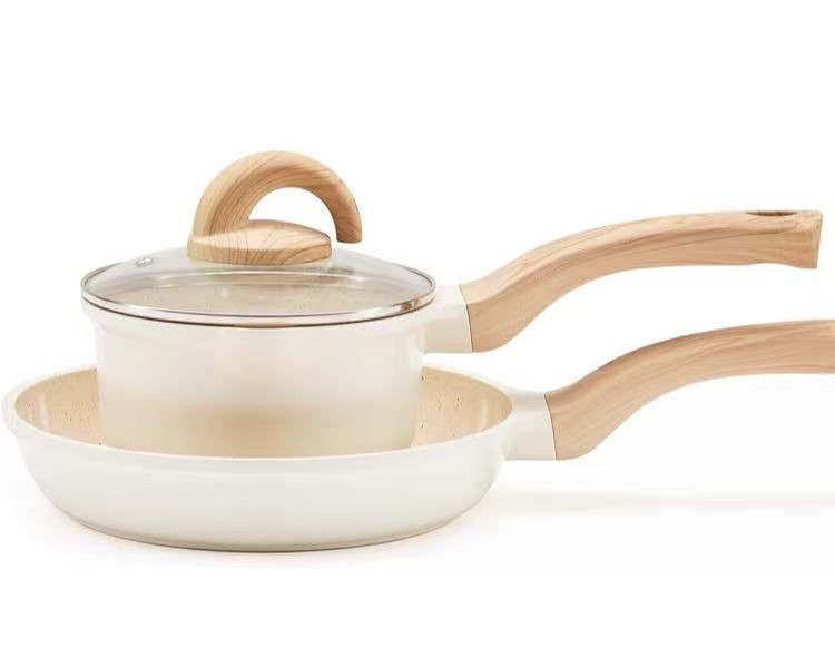 Non Stick Pots and Pans Set Ceramic Cookware Set with Granite Dot, 3pcs Kitchen Cooking Sets Frying Pan Saucepan, No PTFE, No PFAS, Bright Cream