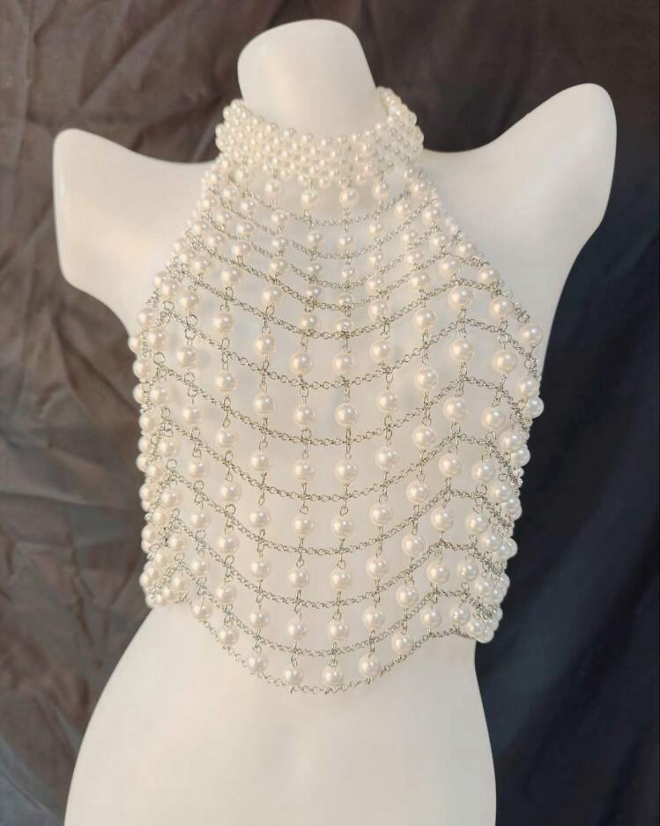 Unisex Sexy Sparkly Faux Pearl Decor Harness Bra Top, Revealing And Flattering Body Line, Fashionable Pearls Bikini Bra With Back Straps