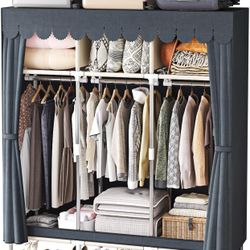 Portable Wardrobe Closet with Curtain Cover, Large Capacity Storage Organizer, Double Hanging Rods, Gray $30