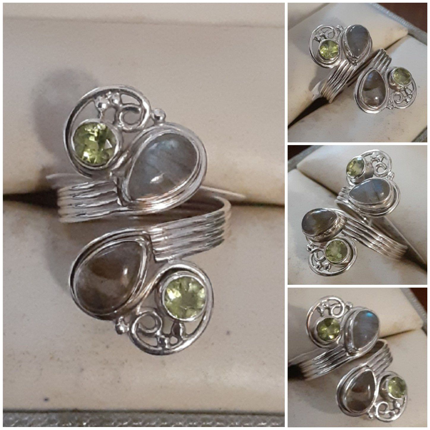 92.5 Sterling Silver Modern Swirl Rainbow Moonstone And Peridot Ring