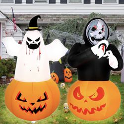 2 Pcs 5 FT Halloween Inflatables Decorations Ghost Pumpkin Skeleton Halloween Blow Ups with Build-in LED Lights for Holiday Indoor Outdoor Yard Garden